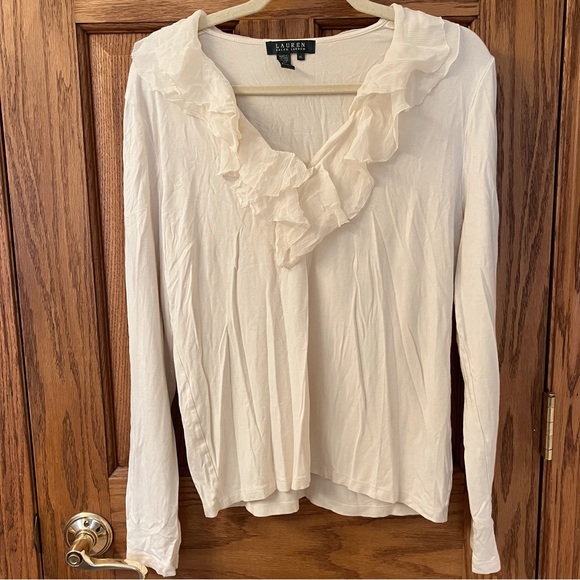 LAUREN Ralph Lauren Cream/White Ruffle Trim V-Neck Long Sleeve Shirt Siz… - Picture 3 of 7